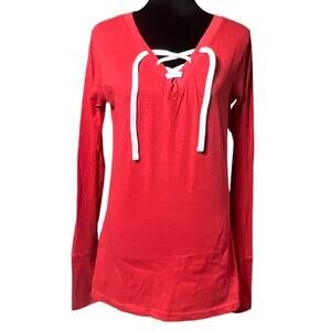 LAT Ladies Long Sleeve Lace-Up Tee Shirt Top Size Medium Vintage Red